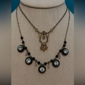 Liz Palacios S.F. necklace lot 2 dainty crystal rhinestone vintage brass dangle